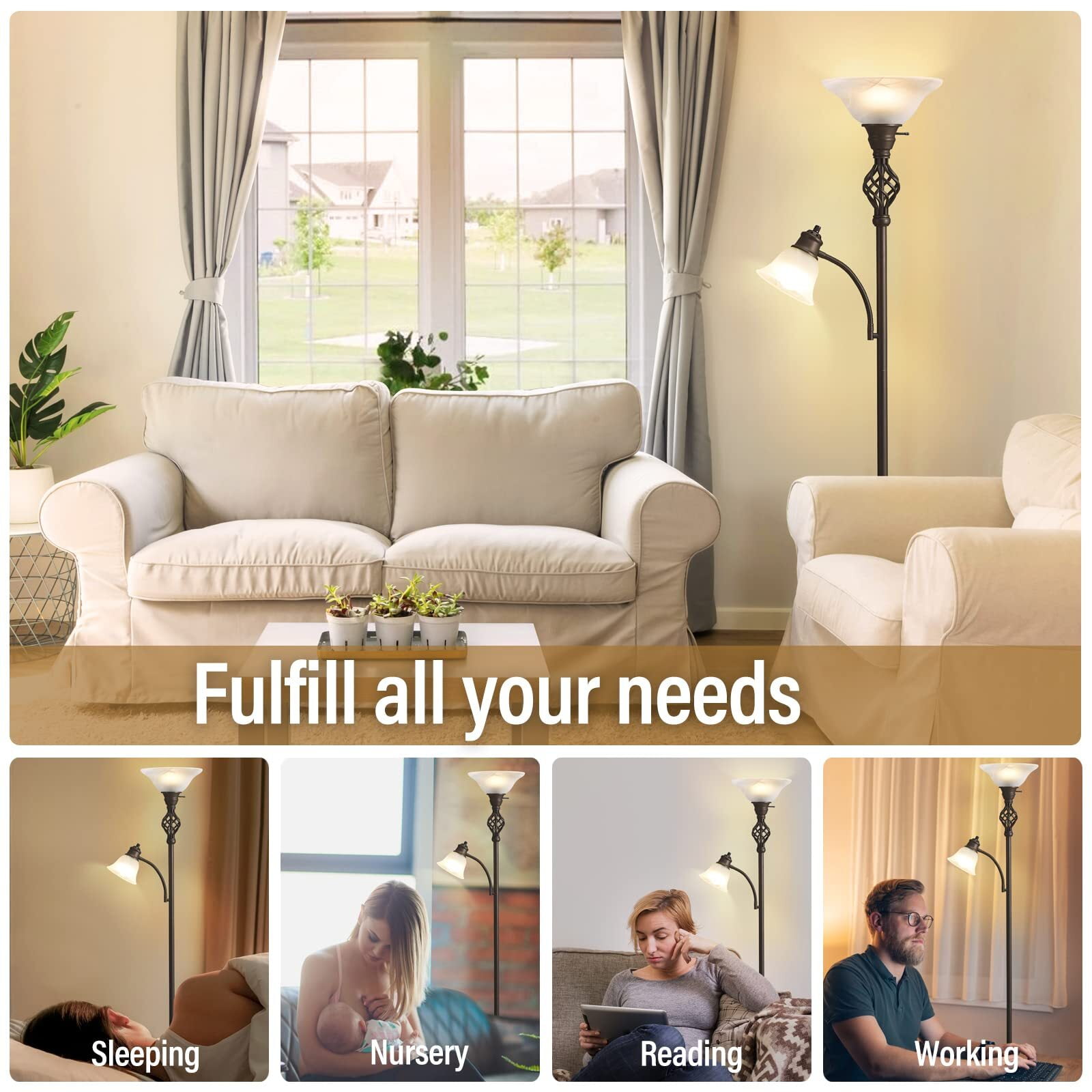 NATYSWAN Torchiere Floor Lamp for Living Room, LED Standing Reading Light for Bedroom with Glass Shade for Living Room Corner Bedroom Home Office, Bulbs Included
