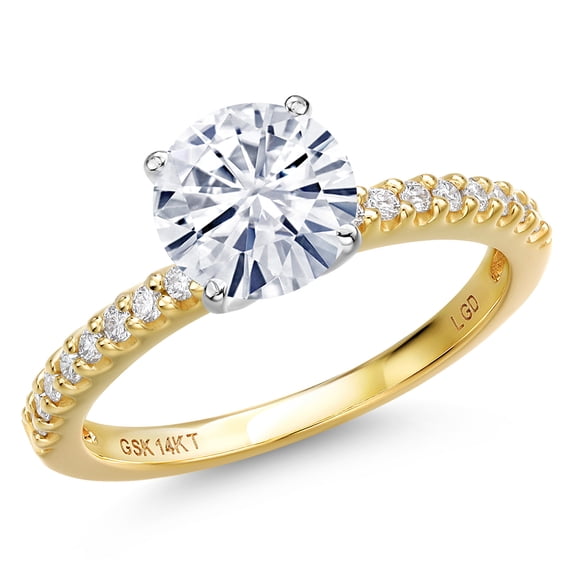 Gem Stone King 14K Two Tone Gold White Moissanite and Lab Grown Diamond Engagement Ring for Women | 2.06 Cttw | Round 8MM | Gemstone Birthstone | Size 8