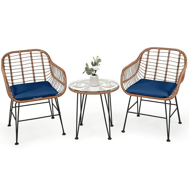 Patiojoy 3PCS Patio Rattan Furniture Set with Round Tempered Glass Top Table & 2 Rattan Armchairs Navy Cushions
