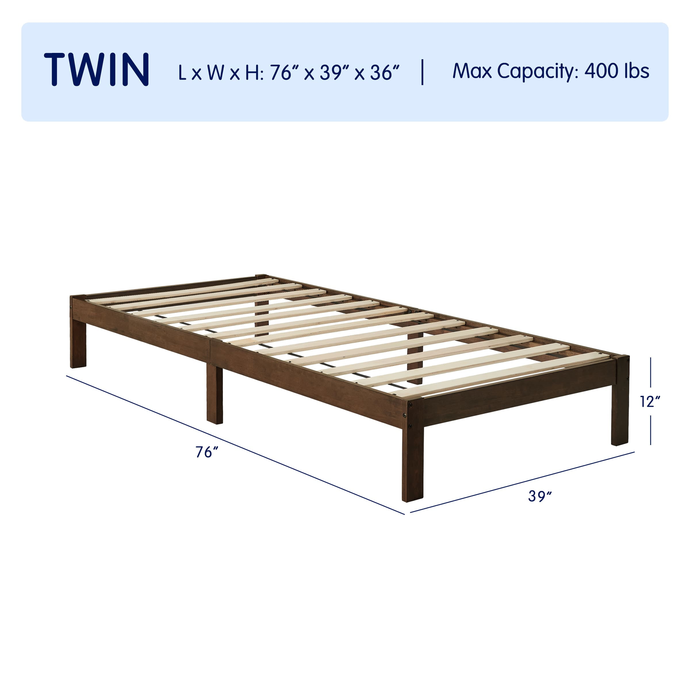 Subrtex 12" Solid Wood Platform Bed Frame with Wooden Slats, Walnut, Twin