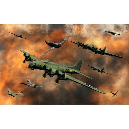 A 3D conceptual image depicting the conflict that took place in the WW2 skies over Nazi occupied Europe between American B-17 Flying Fortress bombers & German Messerschmitt Bf 109 fighter planes