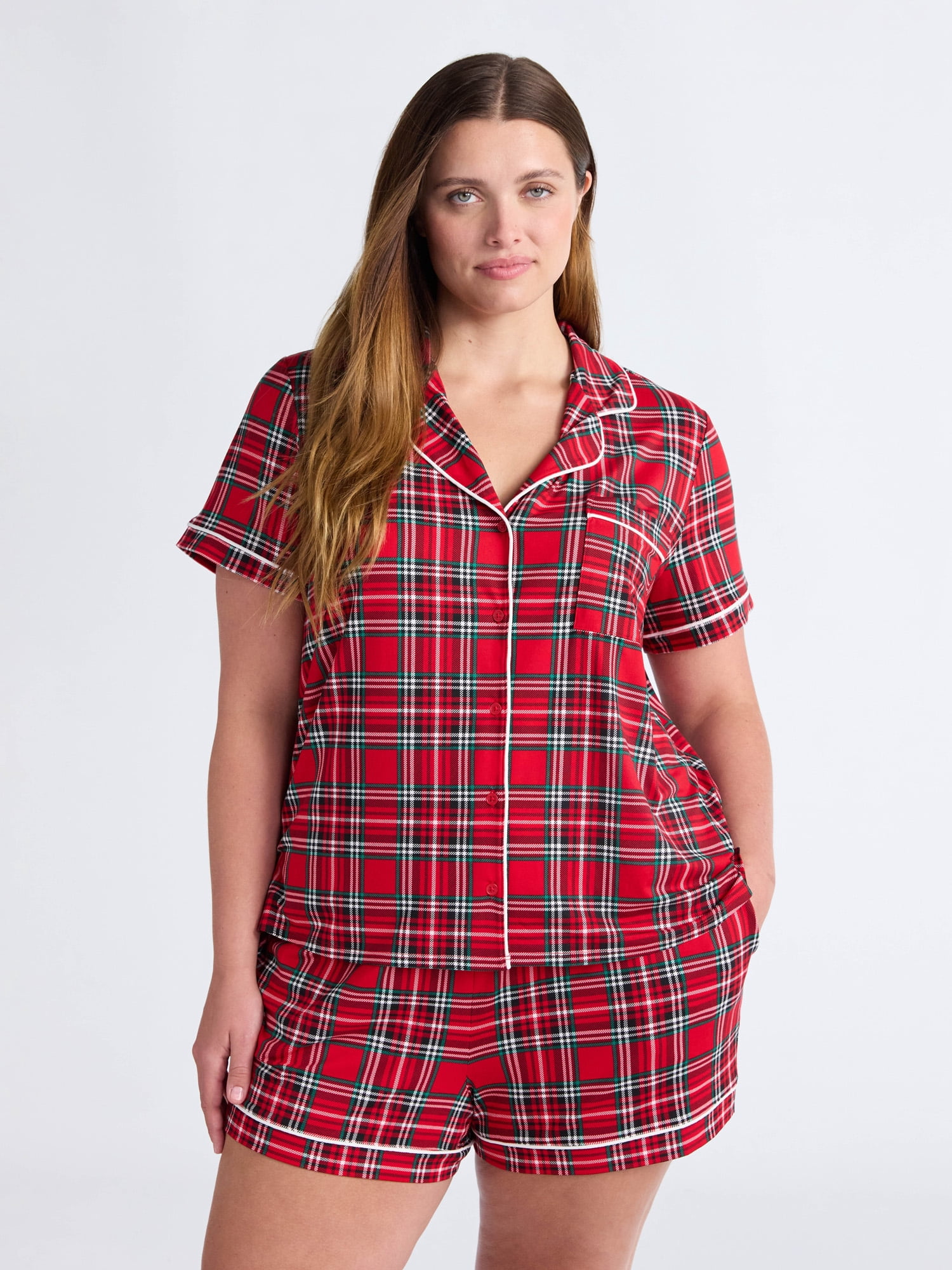 Joyspun Women’s Dreamy Soft Collection Notch Collar Knit Top and Boxer Shorts Pajama Set, Sizes XS-3X