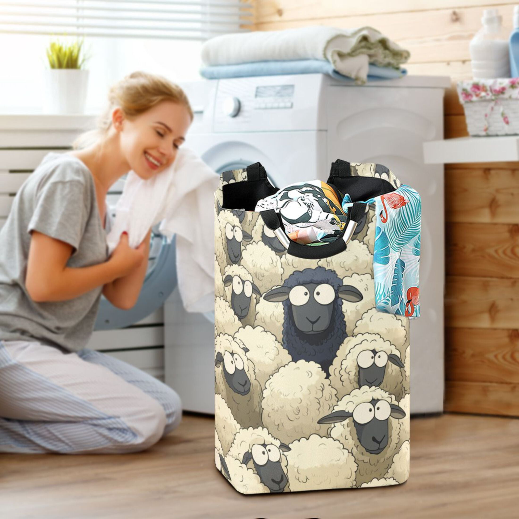 Black Sheep in A White Sheep Laundry Basket with Handles 50L Collapsible Laundry Hamper for Bathroom Bedroom Laundry Room