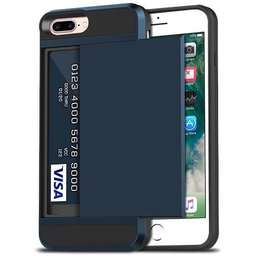 For Apple iPhone 8 Plus Blue Shockproof Card Slot Wallet Heavy Duty Case Tough 360 Cover Case