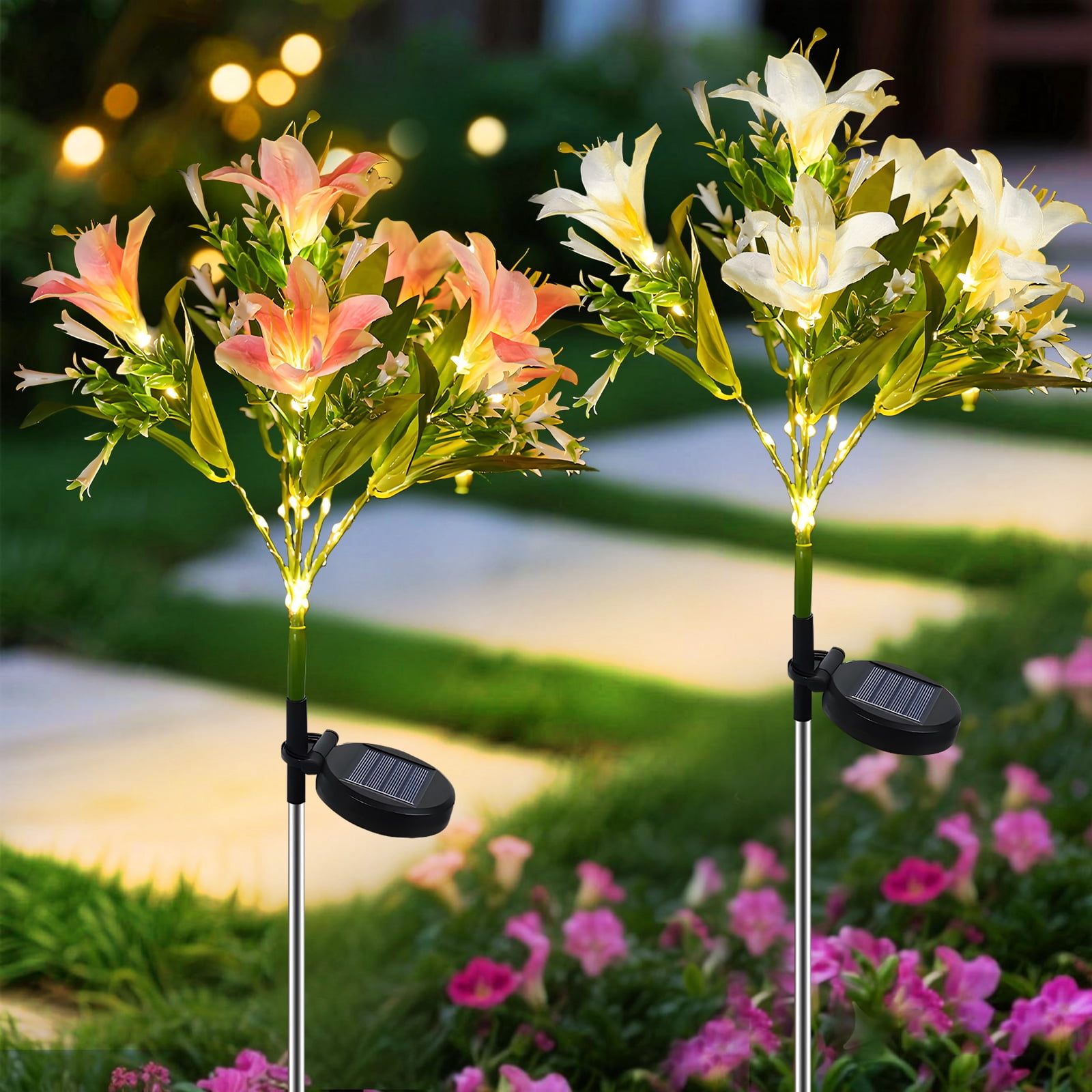 Rirool 4 Pack Solar Flower Lights Outdoor, 28 LED Waterproof Garden Lights with 4 Colors, Decorative Solar Lily for Yard Pathway, Lawn, Camping Decor (Yellow/Blue/White/Pink)