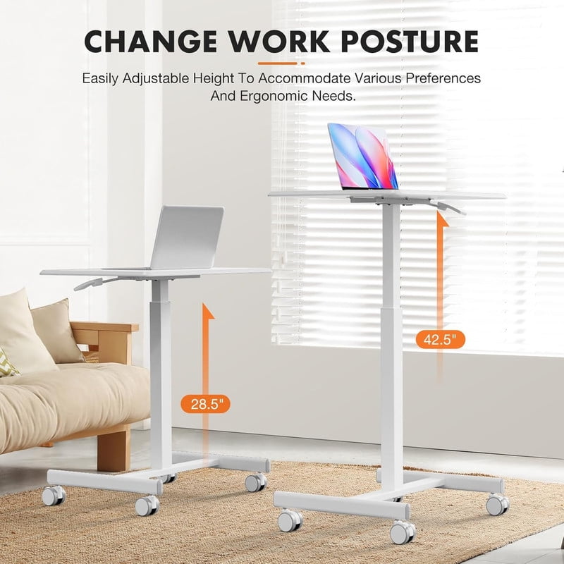 TINKLE WELL Mobile Standing Desk, Height-Adjustable Portable Rolling Laptop Workstation with Lockable Wheels, Sit-Stand Desk, White