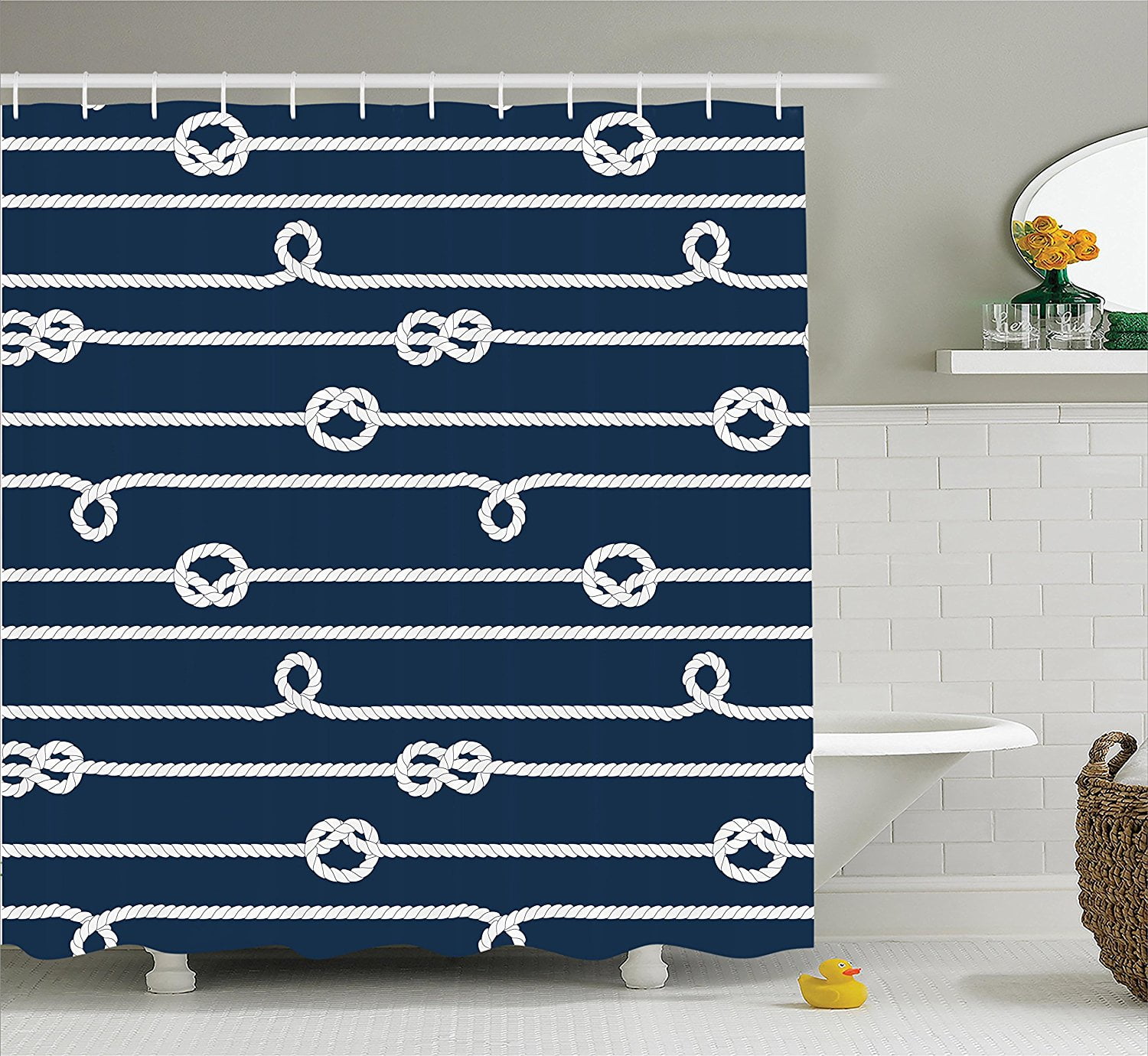 Navy Blue Decor Shower Curtain Set By , Horizontal Marine Knots Ropes Figures Undone Bowline On