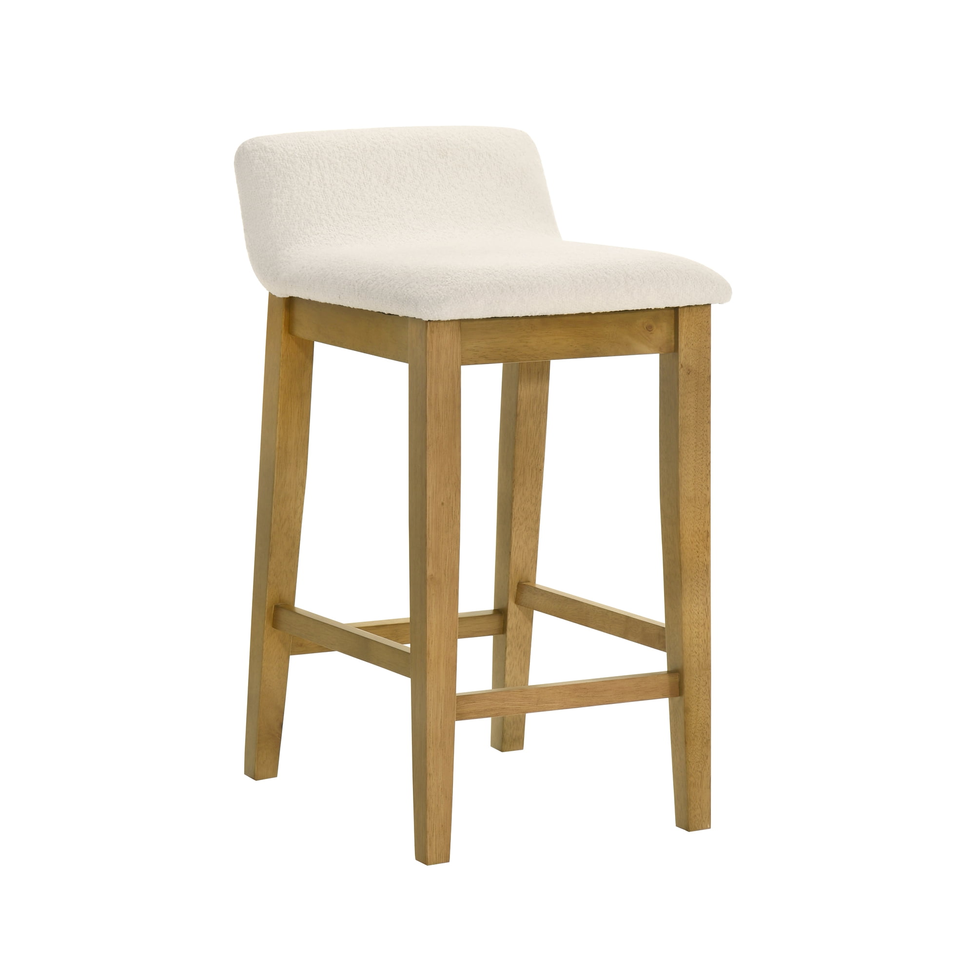 Annikah Modern Transitional Wood Counter Height Kitchen Bar Stool in Amber Glow Finish with White Boucle Fabric Upholstered Seat - Set of 4