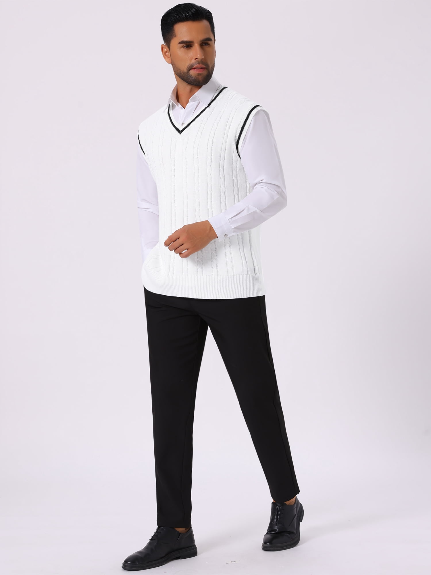 DARING DIVA Men's Solid Color V-Neck Sleeveless Cable Knitted Sweater Vest M White