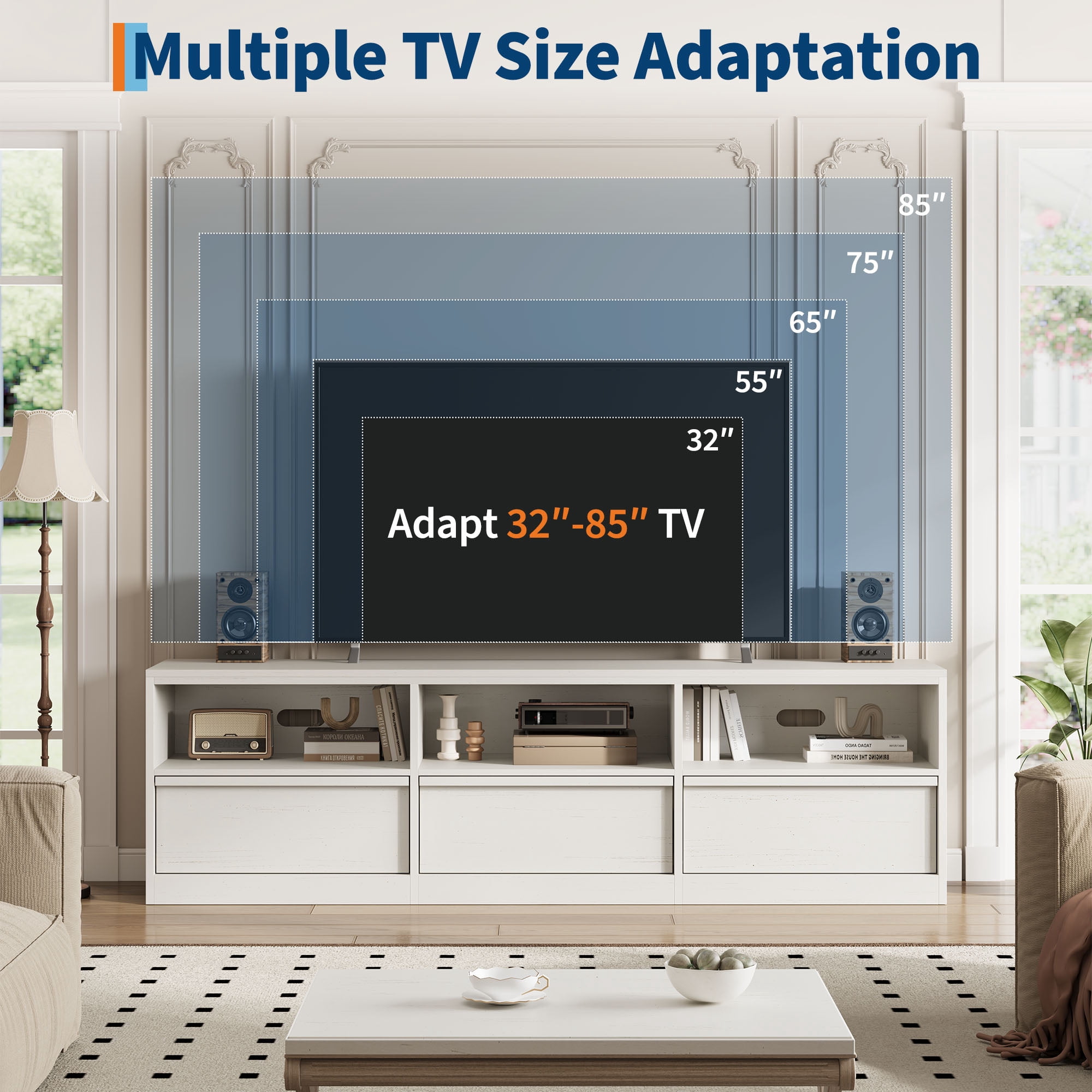 Gaderth  Mid Century Modern TV Stand, Sturdy MDF Media Console, Industrial Entertainment Center with 3 Drawers & Open Shelves for Living Room & Bedroom, Fits 65-80" TVs