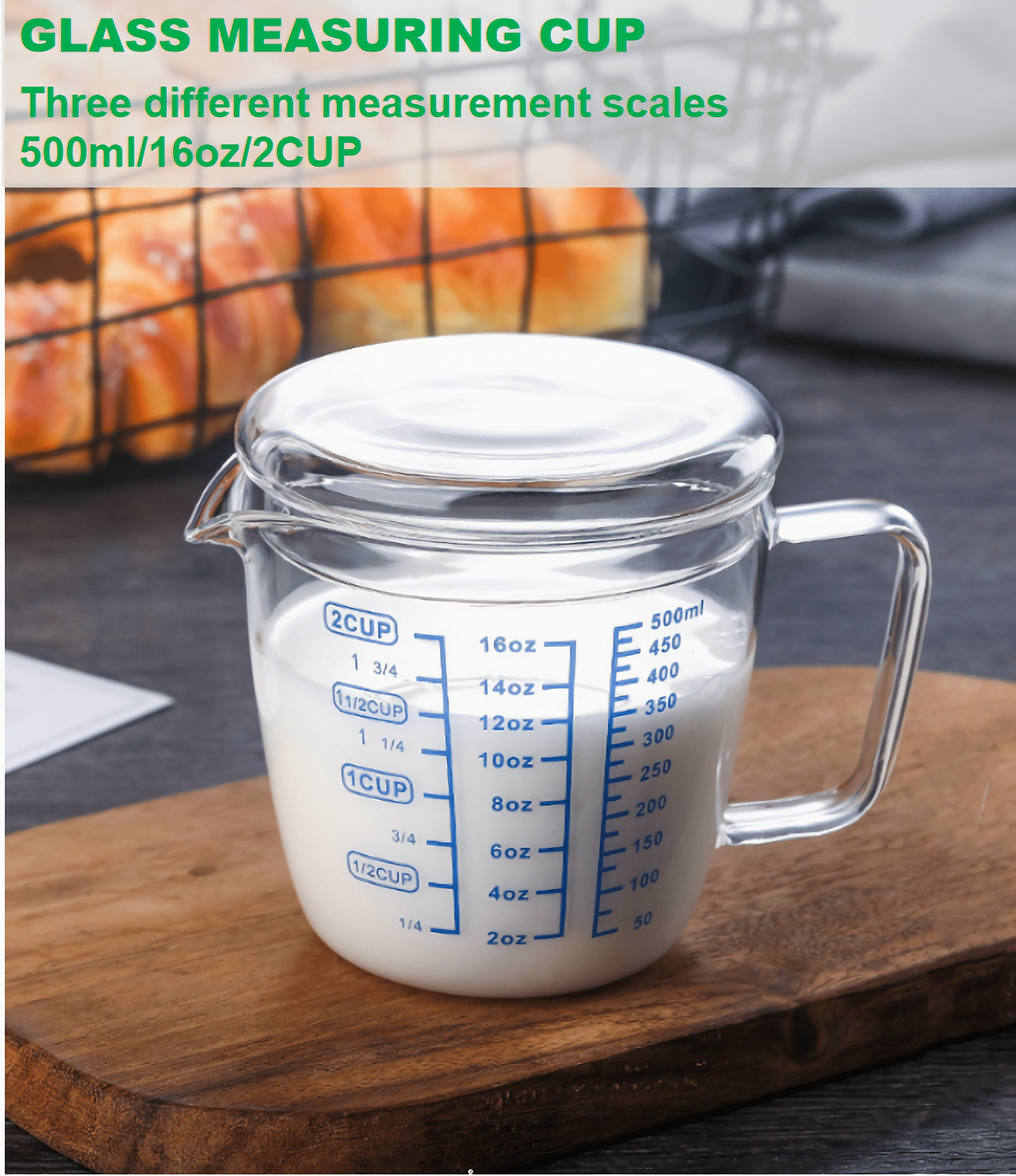 Glass Measuring Cup with Lid,Graduated Beaker Coffee Mug with Handle,Borosilicate Glass V-Shaped Spout Measure Liquid Milk Cup for Cooking Baking  (2cup/16oz/500ml)