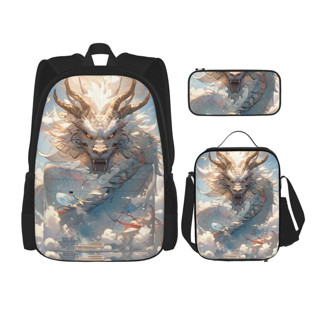 Disketp Cool Cloud White Dragon Mochila Estampada de Gran Capacidad con Lonchera y Estuche, Set de 3 Piezas para Estudiantes