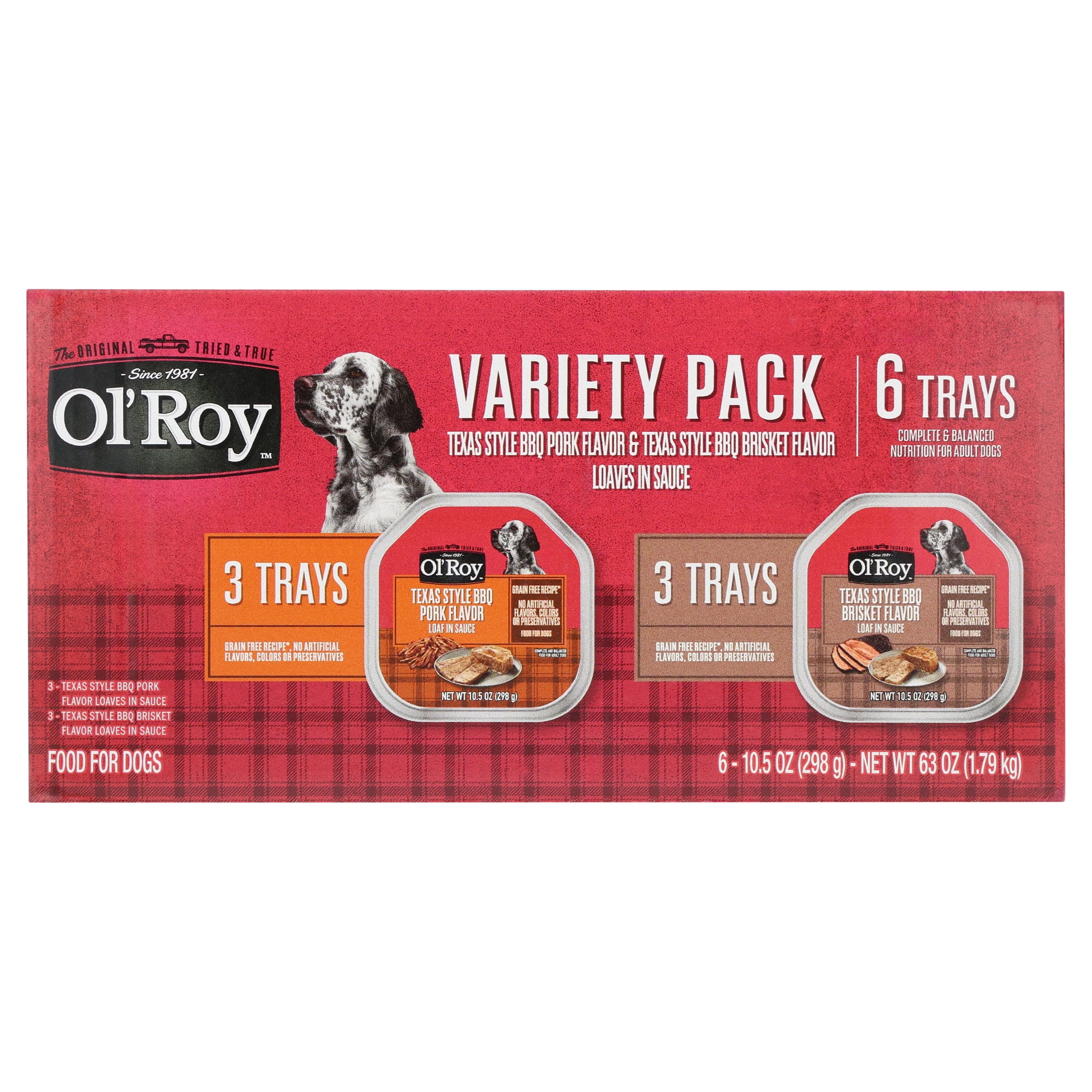(4 pack) Ol' Roy Texas Style BBQ Brisket Flavor and BBQ Pork Flavor Grain-Free Wet Dog Food Variety Pack, 10.5 oz Cups, 6 Pack