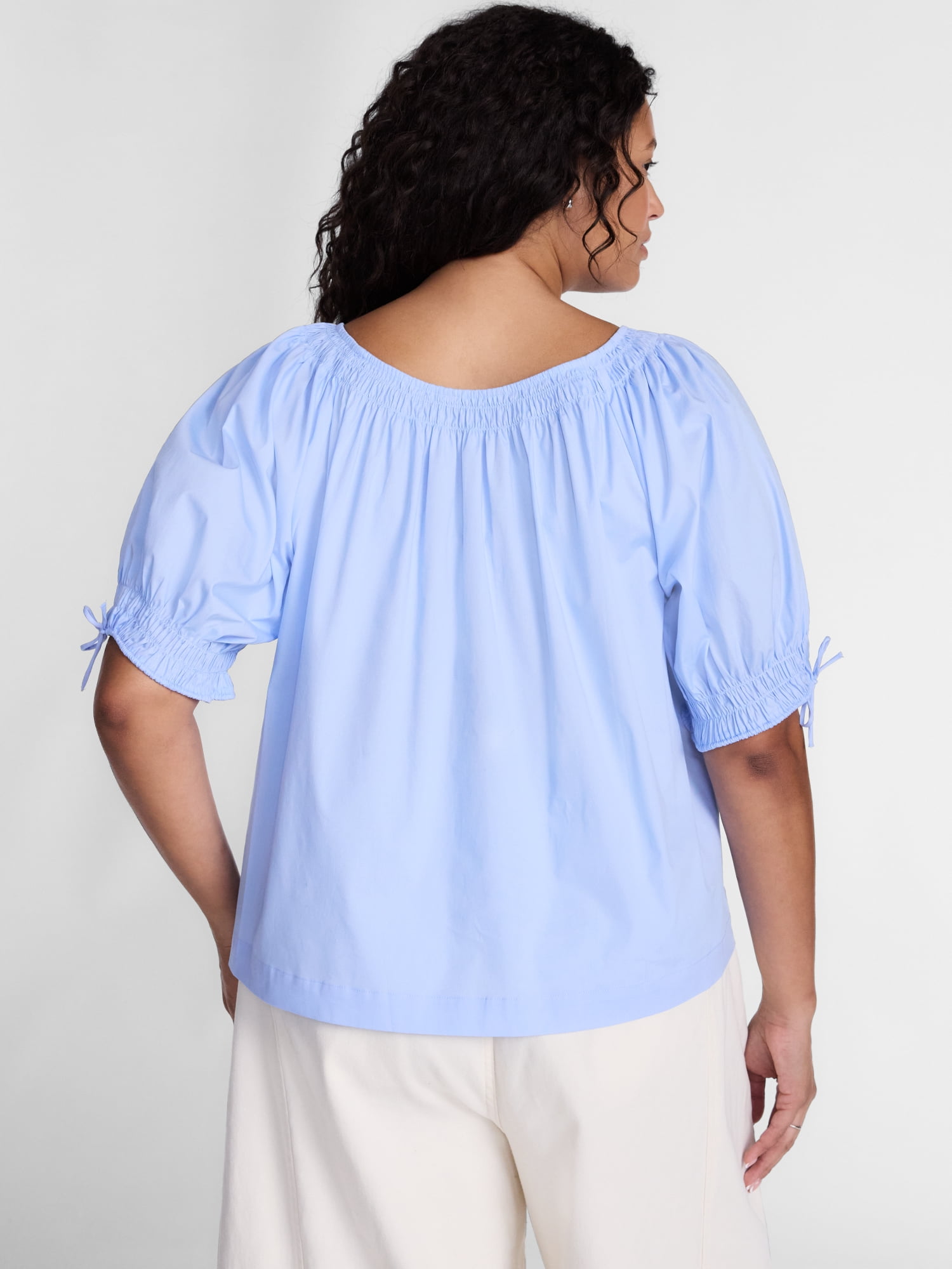 Terra & Sky Women's Plus Scoop Neck Top with Short Tie Puff Sleeves, Sizes 0X-5X