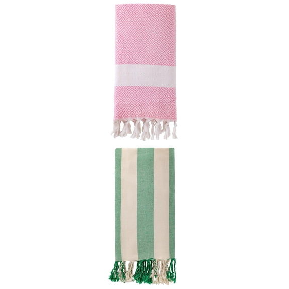 Unique Bargains 2 Pack Geometric Turkish Beach Sandproof Towel Pink/Green 71" x 40"