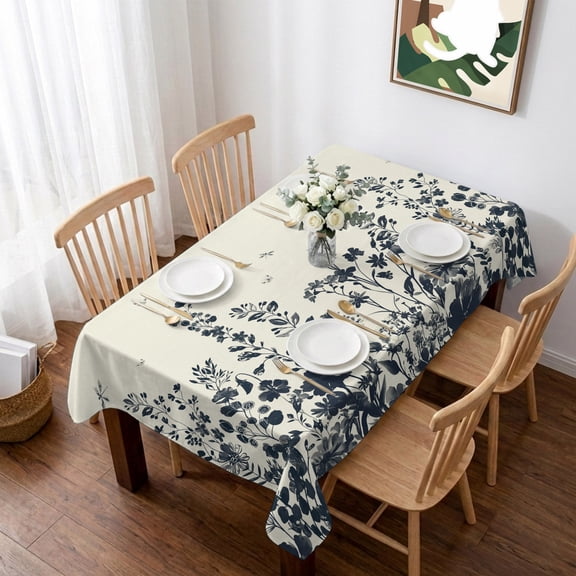Navy Botanical Table Cloth Waterproof Tablecloths, Blue Dragonfly Flower Leaf Retro Style Tablecloth Dining Table Cover for Kitchen Party Tabletop Outdoor, Rectangle Tablecloth 60x84 Inch
