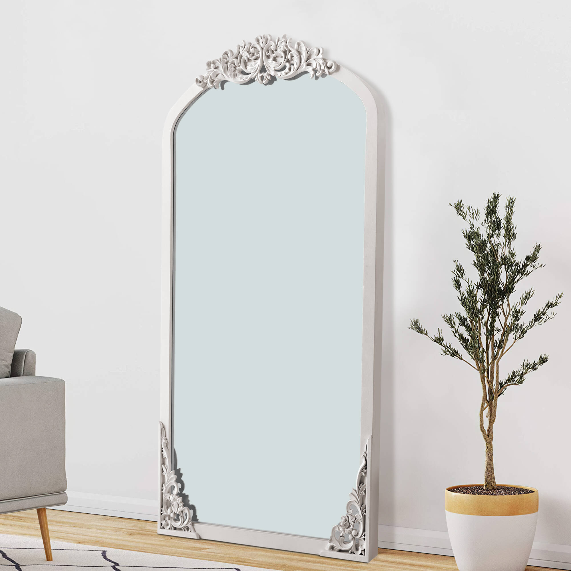NeuType 64x22 Arch FullLength Vintage Mirror, White