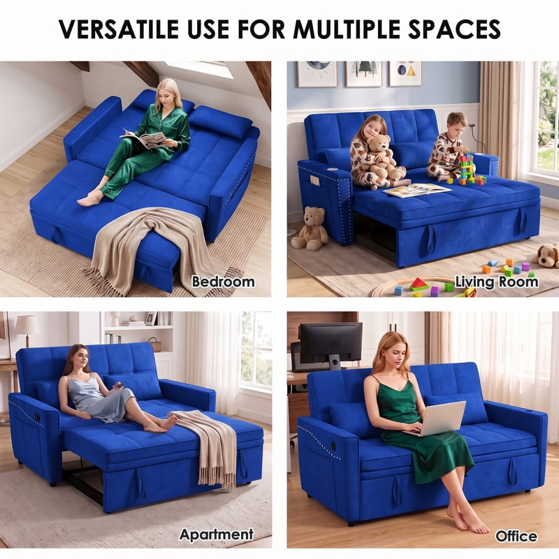 Anpport 54" 3‑in‑1 Convertible Sofa Bed, Sleeper Couch with USB Charging Port, Nailhead Trim & Throw Pillows, Loveseat for Living Room Apartment Small Space, Blue