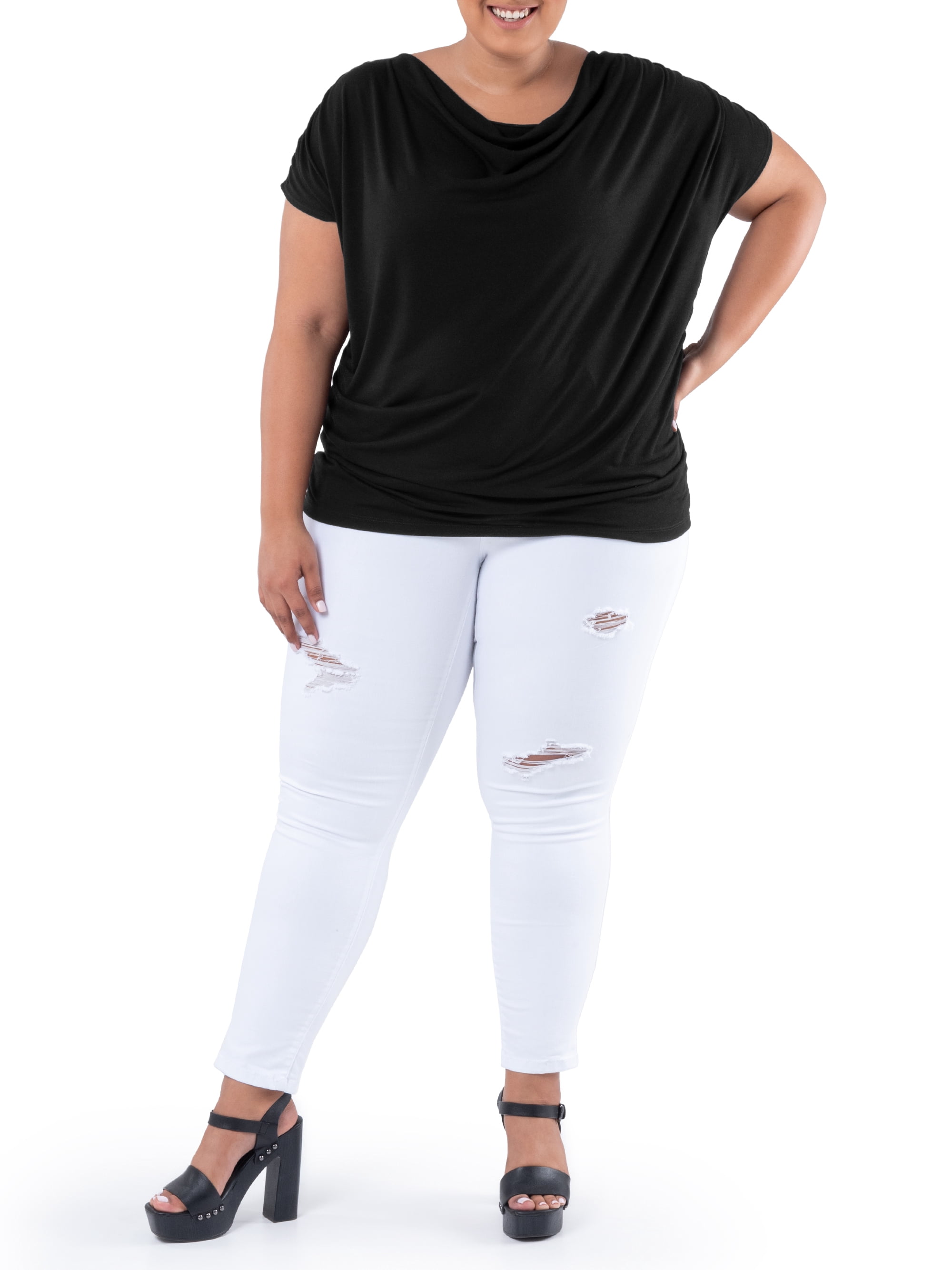 Wright's Women's Plus Size Draped Front Cowl Neck Short Sleeve Blouse Top, Size 1X-5X