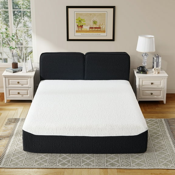 Ebello 16" Queen Mattress, 2-in-1 Memory Foam Futon Bed with Headboard for Cool Sleep & Pressure Relief, No-Assembly Bed in a Box, Black