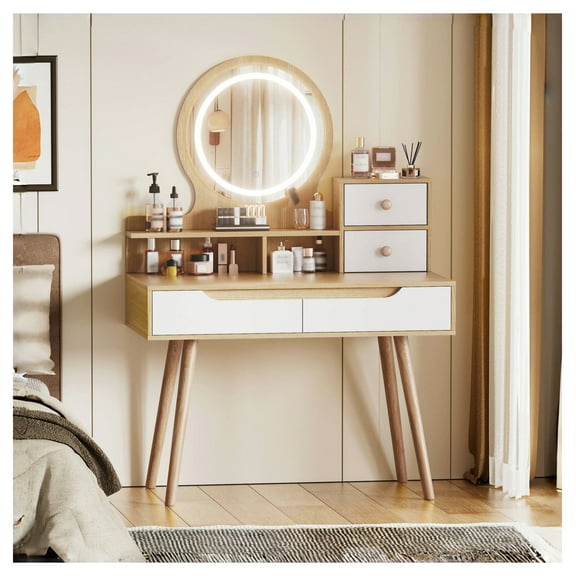 Makeup Vanity Desk with 3 Adjustable Lighted Mirrors, Solid Wood Legs, 4 Drawers & 3 Open Shelves, Small Space Bedroom, American White Oak Finish