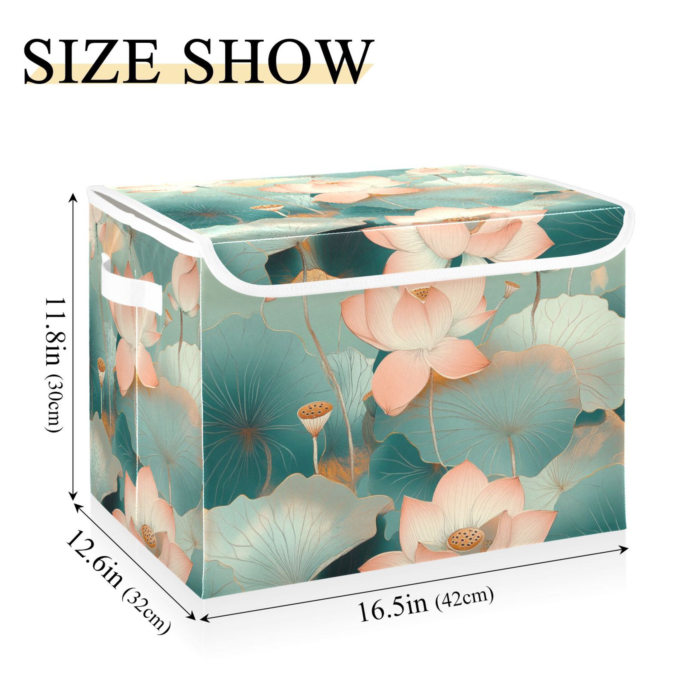 Green Lotus Picture Large Storage Bins with Linen Collapsible Lid Storage Box 16.7 x 12.6 x 11.8in