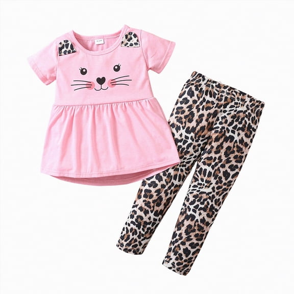 HCNTES Toddler Girl Daily Set Cat Print Peplum Tee and Leggings 2 Piece Ideal for After School Play and Casual Wear
