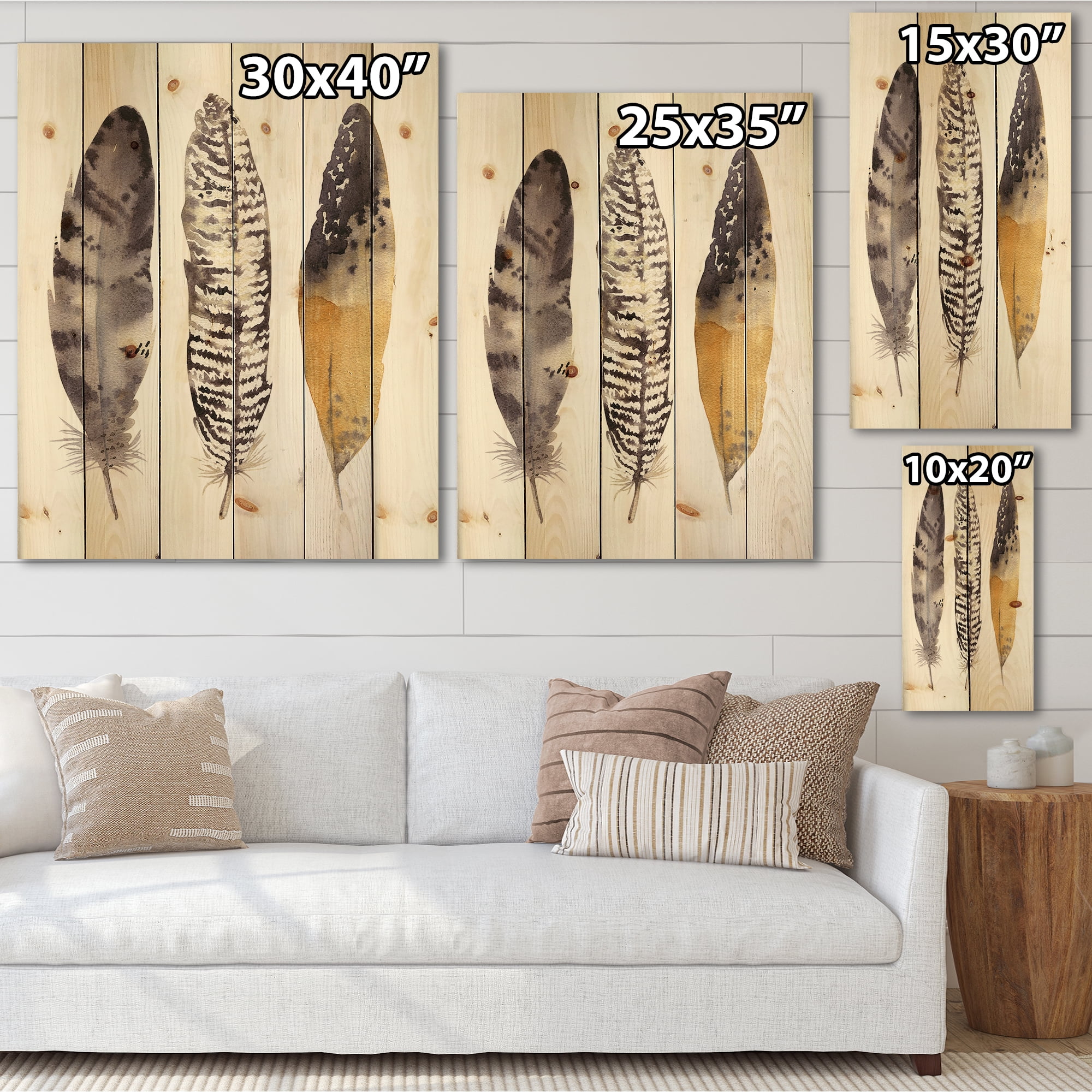 Designart 'Boho Ethnic Art Dark Gray Feathers III' Bohemian & Eclectic Print on Natural Pine Wood