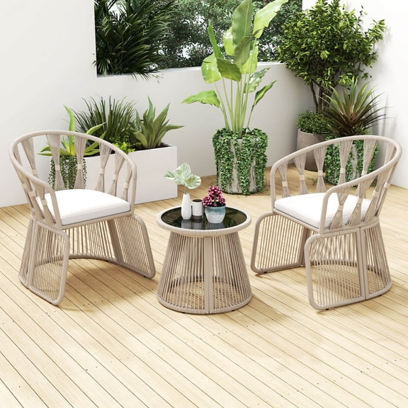 Costway 3 PCS Patio Leisure Chair Set Rope-Woven Armchairs & Table Set with  Cushions