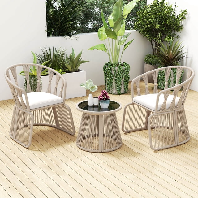Costway 3 PCS Patio Leisure Chair Set Rope-Woven Armchairs & Table Set with Cushions