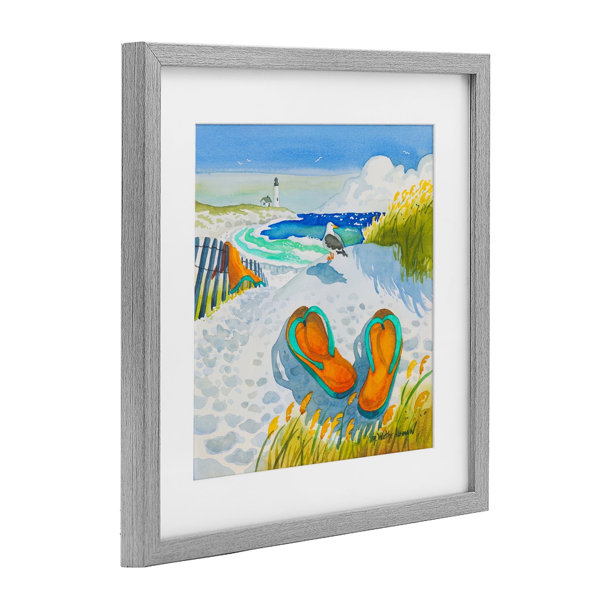 Stupell Industries Seagull & Flip Flops Gray Framed Print Under Glass, design by Robin Altman