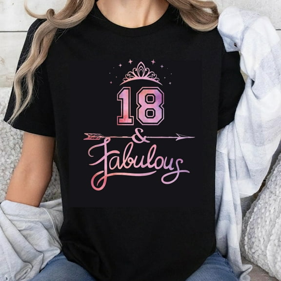 100% Cotton 18 and Fabulous Birthday Shirt for Women Girls Teenagers 18th Birthday Party Gift T-Shirt with Crown Design Pink Gradient Print