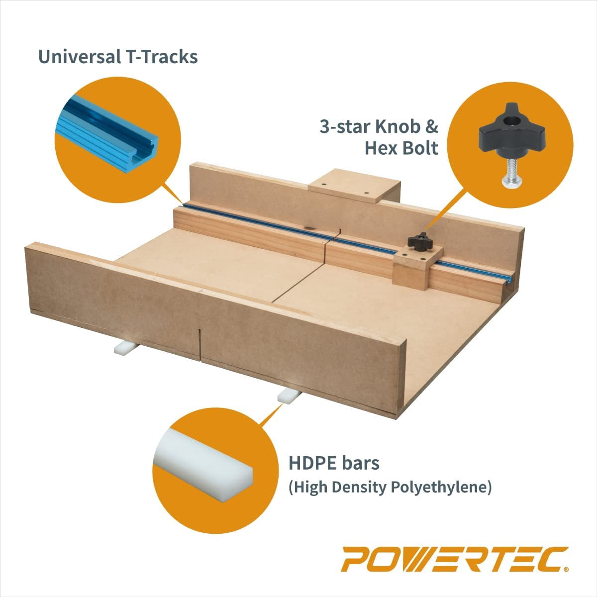 POWERTEC Table Saw Sled Kit w/ 12” T Track, 19” HDPE Miter Bar, Knob, Bolt & Screws Set for DIY Tablesaw Crosscut Sled, Fits 3/4" x 3/8" Miter Slot on Table Saws Wood Working & Accessories (71673)