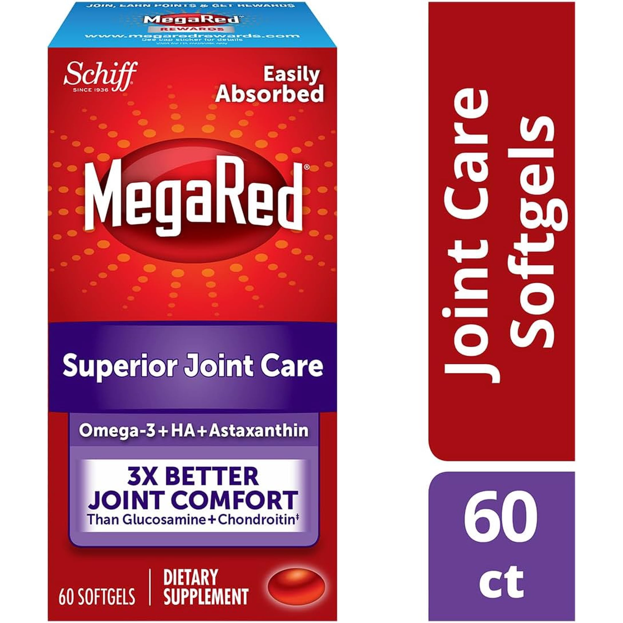Omega-3 Krill Oil and Joint Supplement - Megared Joint Care 60 softgels - EPA/DHA fatty acids, Antioxidants, Hyaluronic acid, No fishy burp aftertaste as with Fish Oil