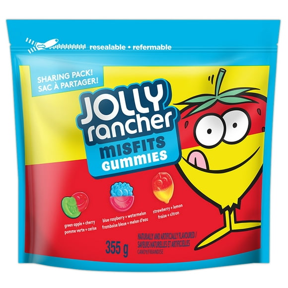JOLLY RANCHER MISFITS GUMMIES Original, JOLLY RANCHER MISFITS GUMMIES are a marvellous mashup of fruity flavours and shapes. Each bag includes three 2-in-1 flavour combos: blue raspberry + watermelon, strawberry + lemon, and green apple + cherry. Share these fun, colourful, chewy gummy candies with your fun friends!