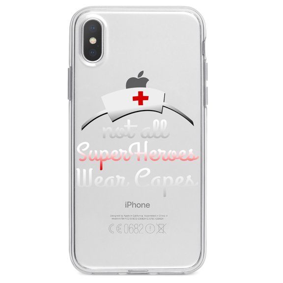DistinctInk Clear Shockproof Hybrid Case for iPhone X / XS (5.8" Screen) - TPU Bumper Acrylic Back Tempered Glass Screen Protector - Nurse - Not All Super Heroes Wear Capes