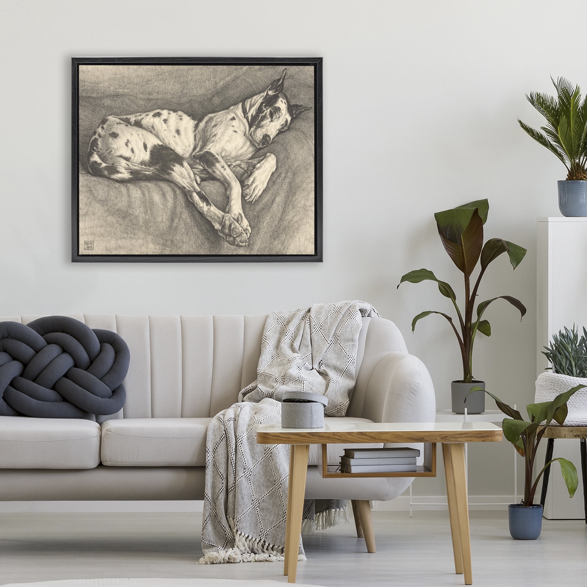 Stupell Industries Sleeping Hound Drawing Black Framed Floater Canvas Wall Art, design by Bertha Van Hasselt