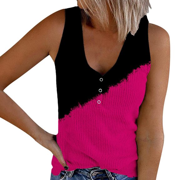 MNCEKFOD Summer Tank Tops For Women Trendy Leisure Knit Ribbed Fashion Printed Spaghetti Strap Vest Soft Summer Daily Tops Womens Tanks Hot Pink XL