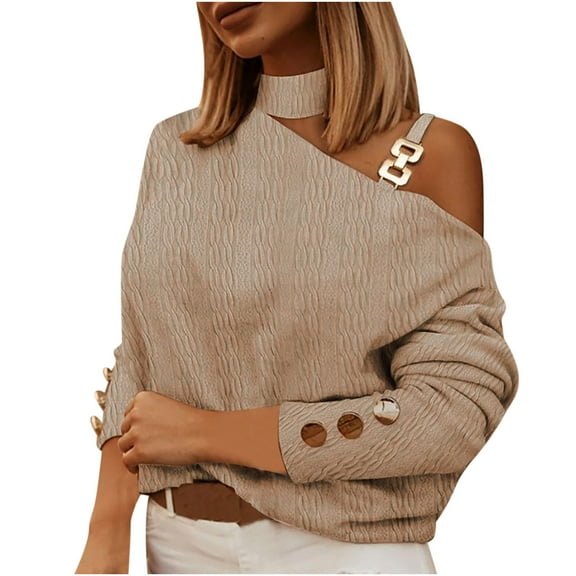 ylioge Sweaters for Women, Womens Fashion Chain Button Decoration Long Sleeve Crew Neck Sweater Fall