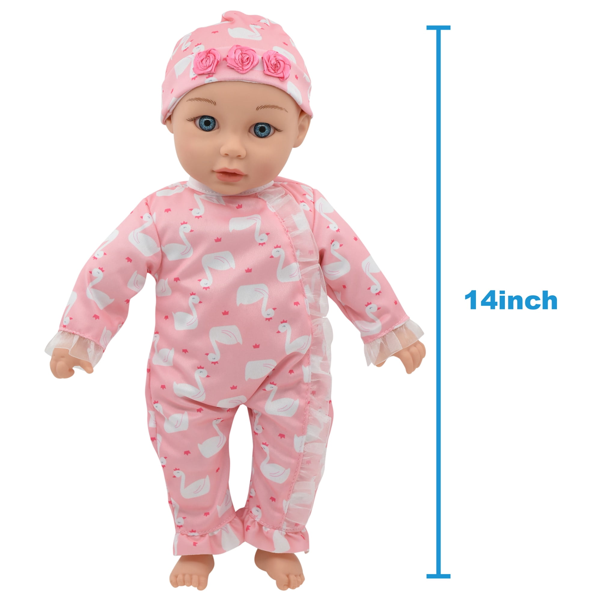 Little Darlings: 14" Kiss N Tickles Baby Doll - Pink, White, Swan - Soft Body, Sounds, Light Up Cheek, Accessories, New Adventures, Toddler Kid Age 2+