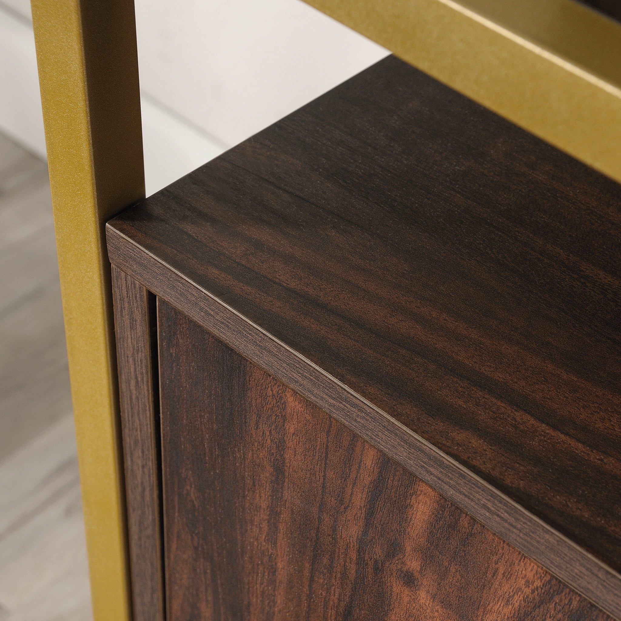 Sauder Curiod Glass Top Gold Metal TV Stand Credenza for TVs up to 55", Rich Walnut Finish