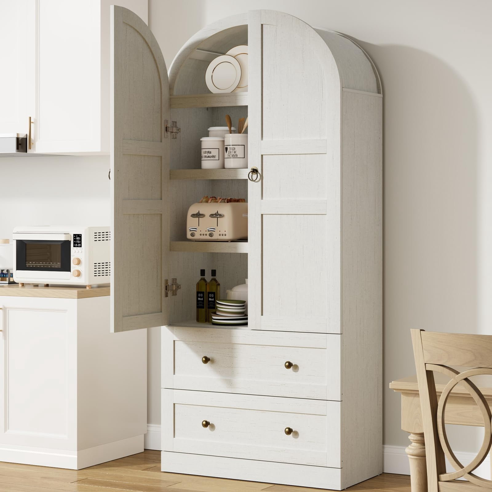 COZONY 72" Tall Arched Kitchen Pantry Cabinet, Farmhouse Wooden Storage with 2 Drawers & Wood Doors, Freestanding Buffet for Dining & Living ,Antique White