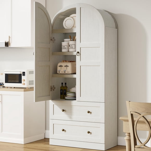 72" Arched Kitchen Pantry Cabinet, Wooden Freestanding Storage Cupboard with Doors, Drawers & Adjustable Shelves, Versatile Farmhouse Pantry for Dining and Living Room
