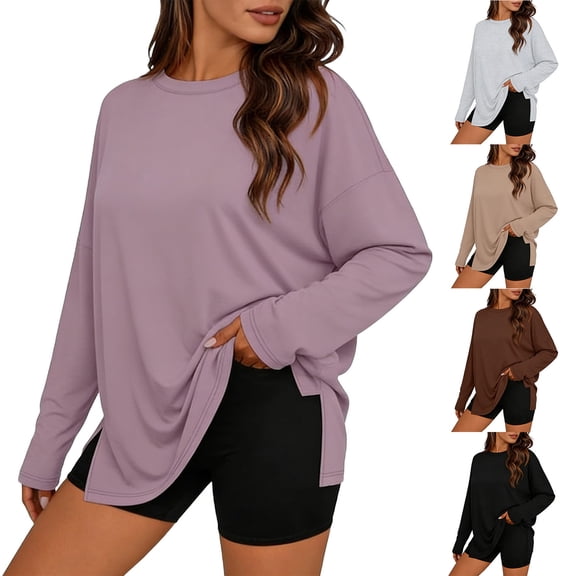 Horkkom Long Sleeve Shirts for Women Crew Neck Oversized Plain T Shirts Casual Loose Solid Color Basic Tees Slid Side L