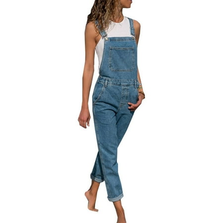 

Fashion Bib Overalls for Women Denim Jumpsuit Adjustable Strap Sleeveless Strappy Long Bodysuit Pockets Romper Jeans