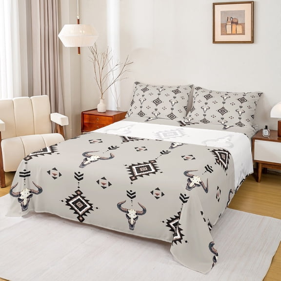 jejeloiu Bohemian Bull Skull Twin Sheet Set (3-Piece) Aztec Geometric Ultra Soft Decor For Men Women