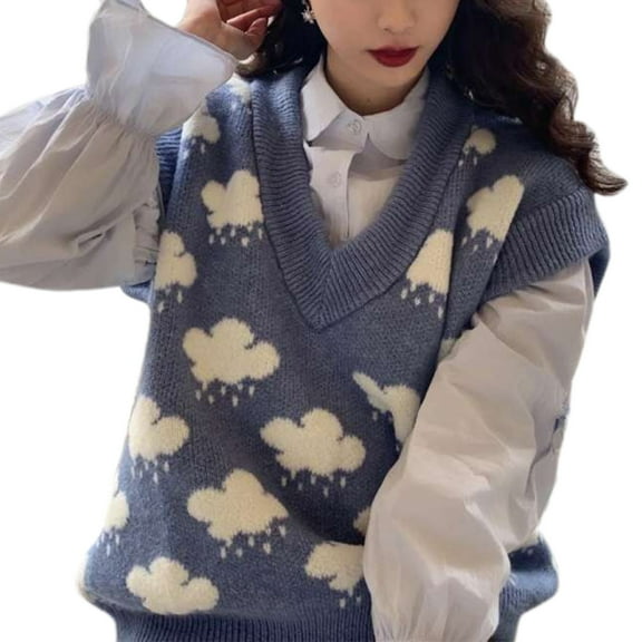 Women Autumn Knitted Pullover Sweater Vest College Rain Cloud Print V-Neck Loose Sleeveless Knitwear Top