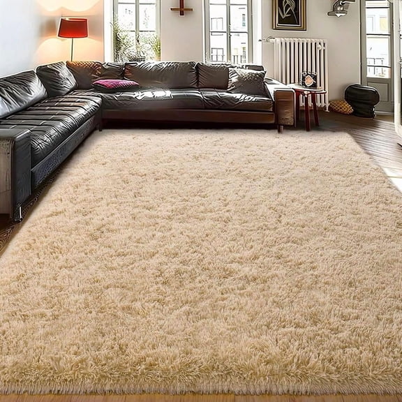 Camel Large Shaggy Area Rug For Living Room & Bedroom – Stain-Resistant
