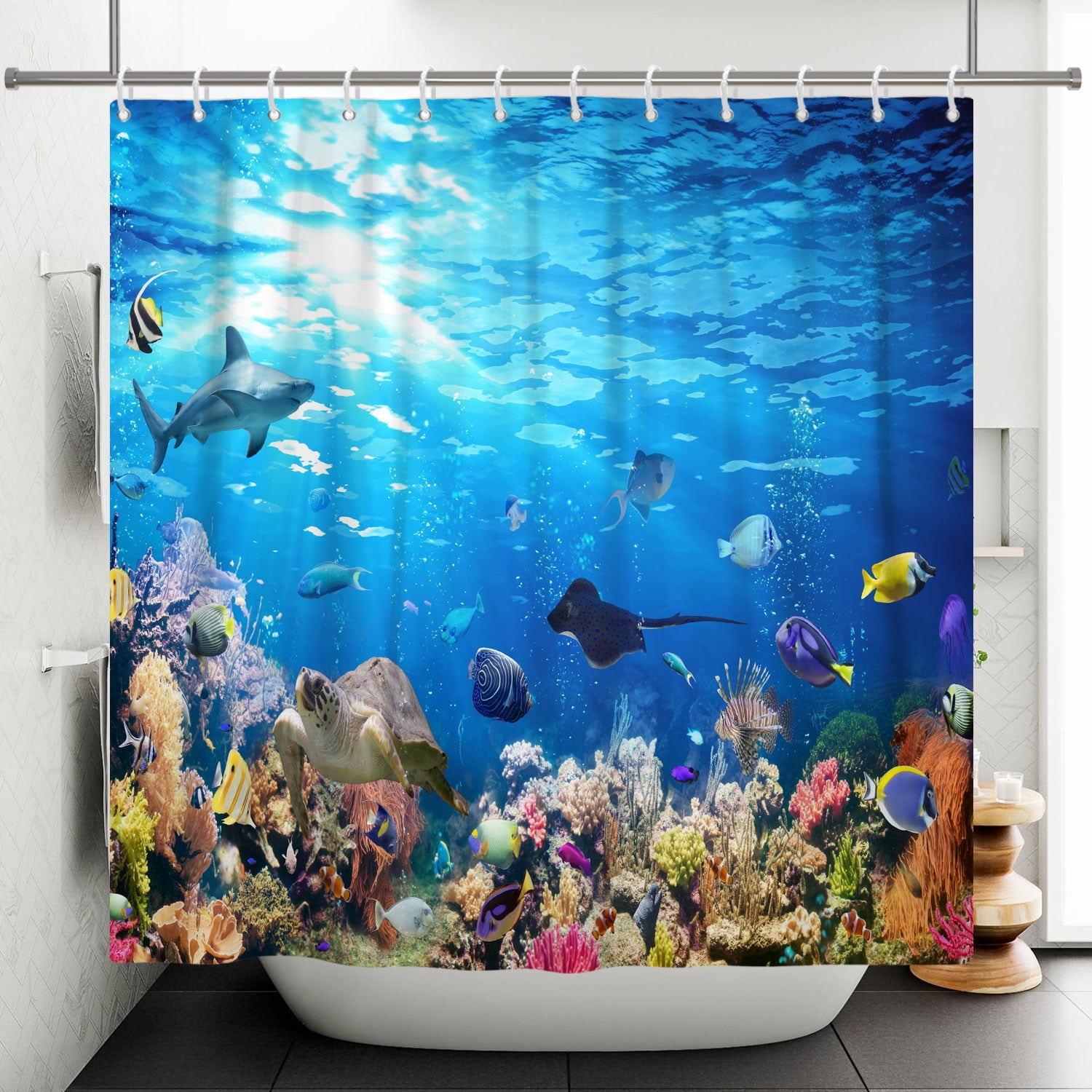 SUNOLIFE Under the Sea Shower Curtain Ocean Coral Fish Fabric Bathroom Curtain with Hooks,47x64 in
