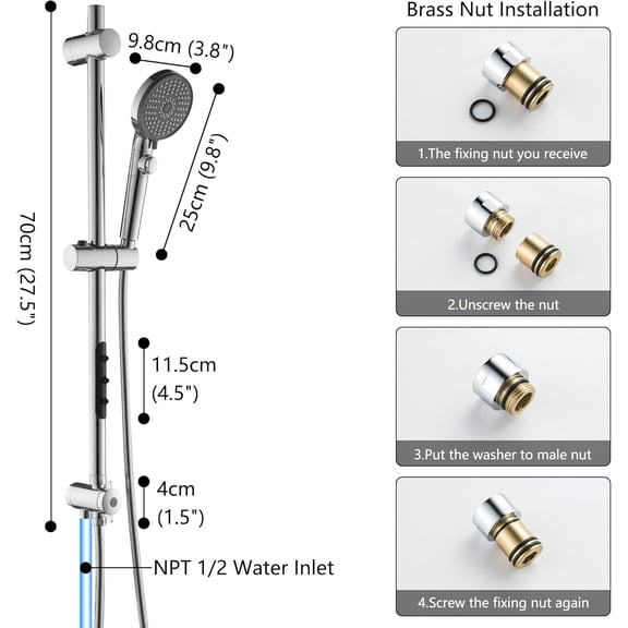 Adjustable Shower Slide Bar, High Pressure 5 Setting Handheld Shower with Side Bar and Body Shower Jets, Chrome